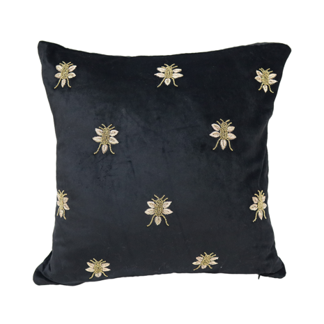 Embroidered Bee Cushion Black