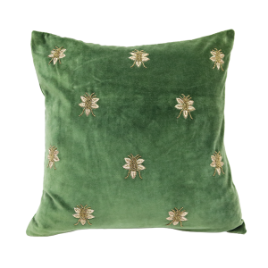 Embroidered Bee Cushion Green
